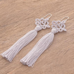 Hand-tatted dangle earrings, 'Antique Details in Grey' - Hand-Tatted Grey Dangle Earrings from Guatemala