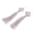 Hand-tatted dangle earrings, 'Antique Details in Grey' - Hand-Tatted Grey Dangle Earrings from Guatemala