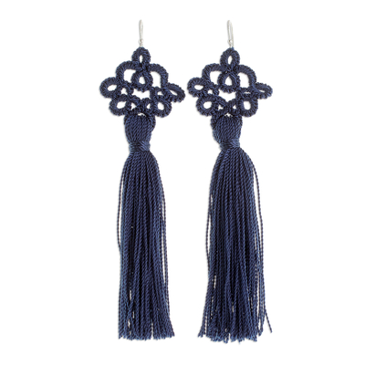 Hand-tatted dangle earrings, 'Antique Details in Indigo' - Hand-Tatted Indigo Dangle Earrings from Guatemala