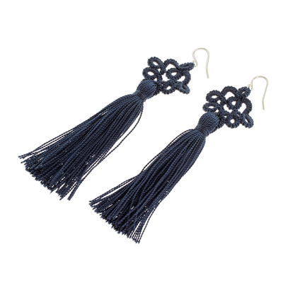 Hand-tatted dangle earrings, 'Antique Details in Indigo' - Hand-Tatted Indigo Dangle Earrings from Guatemala