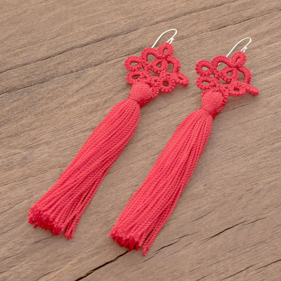 Hand-tatted dangle earrings, 'Antique Details in Poppy' - Hand-Tatted Poppy Dangle Earrings from Guatemala
