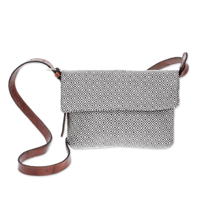 Leather accent cotton sling, 'Fascinating Diamonds in White' - Leather Accent Cotton Sling in Black and White