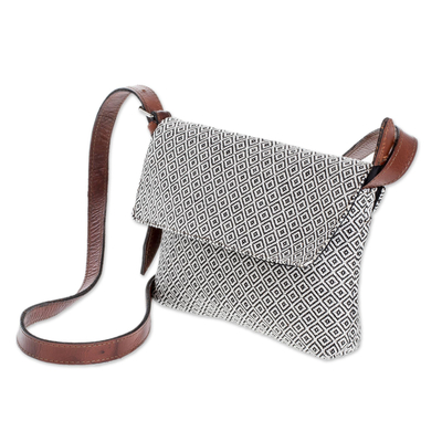 Leather accent cotton sling, 'Fascinating Diamonds in White' - Leather Accent Cotton Sling in Black and White