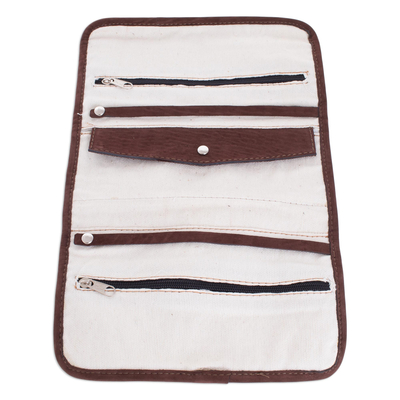 Leather accent cotton Jewellery roll, 'White Diamonds' - Leather Accent Cotton Jewellery Roll in Black and White