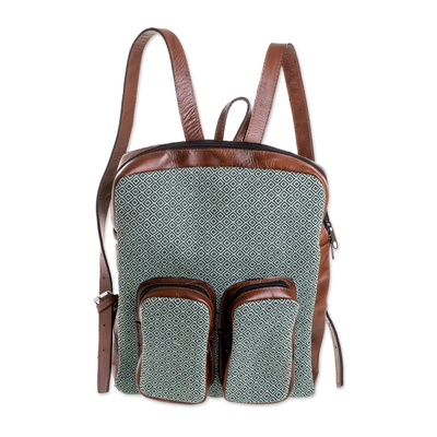 Leather Accent Cotton Backpack in Mint from Guatemala