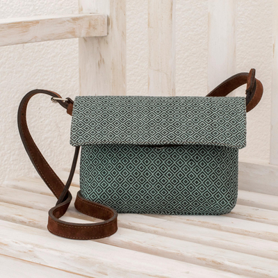 Leather accent cotton sling, 'Fascinating Diamonds in Mint' - Leather Accent Cotton Sling in Black and Mint