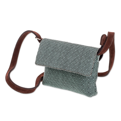 Leather accent cotton sling, 'Fascinating Diamonds in Mint' - Leather Accent Cotton Sling in Black and Mint