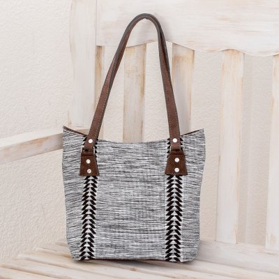 Leather accent cotton tote, 'Chevron Silhouettes' - Black and White Leather Accent Cotton Tote from guatemala