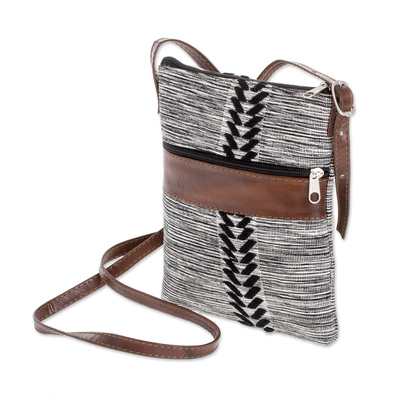Leather accent cotton sling, 'Chevron Heather' - Black and White Leather Accent Cotton Sling from Guatemala