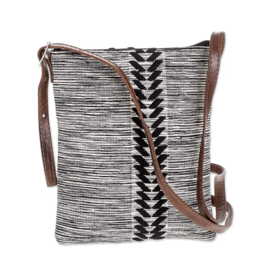 Leather accent cotton sling, 'Comalapa Heather' - Black and White Leather Accent Cotton Sling from Guatemala