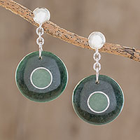 Jade dangle earrings, 'Mayan Cosmos in Dark Green' - Round Natural Jade Dangle Earrings in Dark Green