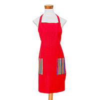 Cotton apron, 'Candy Apple Delight' - Handwoven Cotton Apron in Candy Apple from Guatemala