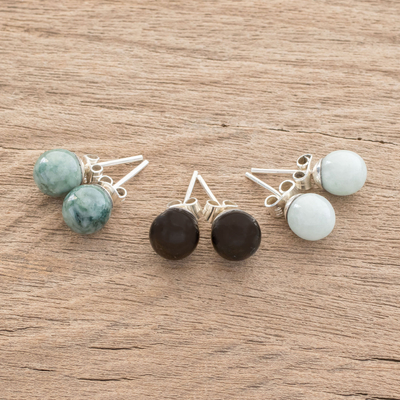 Jade stud earrings, 'Maya Globes' (set of 3) - Set of 3 Mayan Jade Stud Earrings from Guatemala