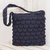 Crocheted shoulder bag, 'Summer Frill in Navy' - Hand-Crocheted Shoulder Bag in Navy from Guatemala