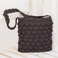 Crocheted shoulder bag, 'Summer Frill in Black' - Hand-Crocheted Shoulder Bag in Black from Guatemala