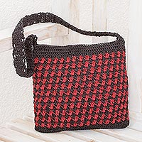 Crocheted shoulder bag, 'Zigzag Textures in Crimson' - Crocheted Zigzag Motif Crimson Shoulder Bag from Guatemala