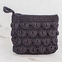 Crocheted cosmetic bag, 'Summer Frill in Black' - Hand-Crocheted Cosmetic Bag in Black from Guatemala