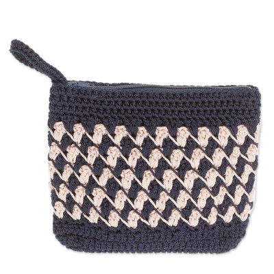 Crocheted Zigzag Motif Ivory Cosmetic Bag from Guatemala