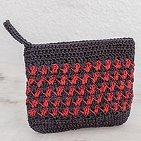 Crocheted cosmetic bag, 'Zigzag Textures in Crimson' - Crocheted Zigzag Motif Crimson Cosmetic Bag from Guatemala