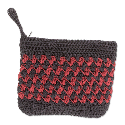 Crocheted Zigzag Motif Crimson Cosmetic Bag from Guatemala