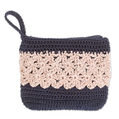 Crocheted Cosmetic Bag in Ivory and Navy from Guatemala