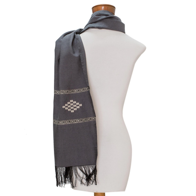 Cotton blend scarf, 'Diamond Diva in Grey' - Grey Cotton Blend Scarf with Warm White Diamond Motif