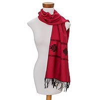 Cotton blend scarf, 'Fret Chic in Red'