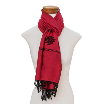 Cotton blend scarf, 'Fret Chic in Red' - Red Cotton Blend Scarf with Black Stepped-Fret Rhombus Motif