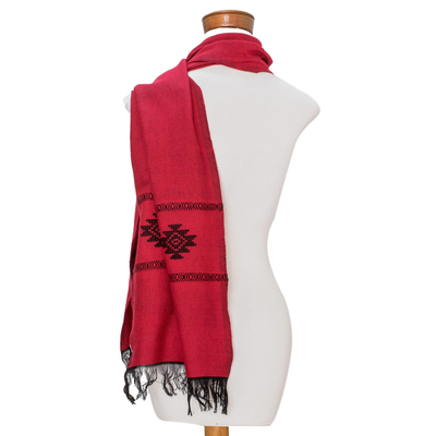 Bufanda de mezcla de algodón - Pañuelo rojo de mezcla de algodón con motivo de rombos negros con trastes escalonados