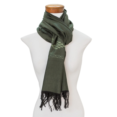 Cotton blend scarf, 'Diamond Diva in Green' - Handwoven Green Cotton Blend Scarf with Diamond Motif
