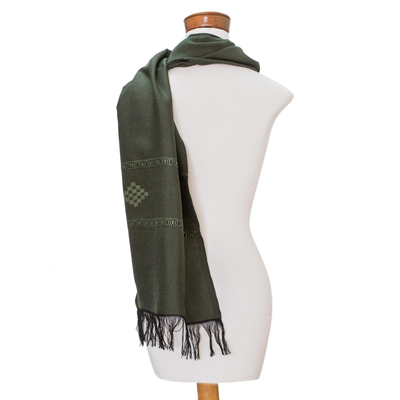Schal aus Baumwollmischung - Handgewebter Schal aus grüner Baumwollmischung mit Rautenmotiv