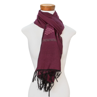 Schal aus Baumwollmischung - Handgewebter Schal aus violetter Baumwollmischung mit Rautenmotiv