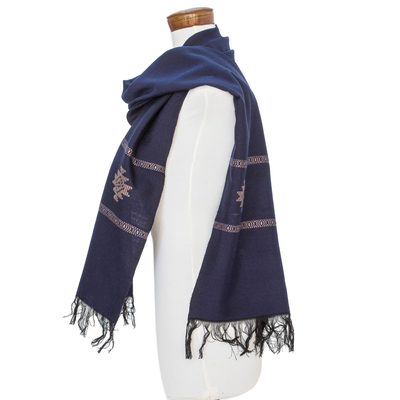 Schal aus Baumwollmischung - Schal aus Baumwollmischung in Blau und Beige mit abgestuftem Bund und Rautenmotiv