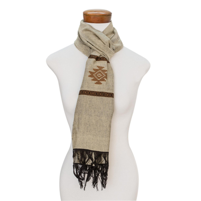 Cotton blend scarf, 'Fret Chic in Antique White' - Off-White Stepped-Fret Rhombus Motif Cotton Blend Scarf