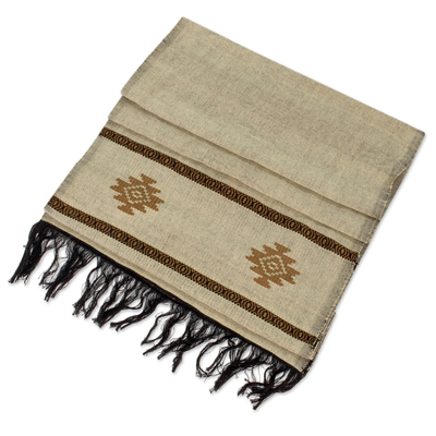 Cotton blend scarf, 'Fret Chic in Antique White' - Off-White Stepped-Fret Rhombus Motif Cotton Blend Scarf