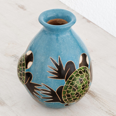 Jarrón decorativo de cerámica - Jarrón decorativo de cerámica con temática de tortugas marinas de Nicaragua