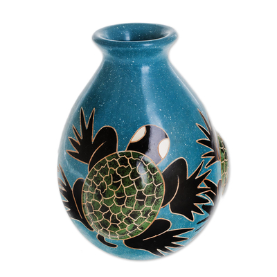 Sea Turtle-Themed Ceramic Decorative Vase from Nicaragua