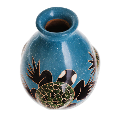 Jarrón decorativo de cerámica - Jarrón decorativo de cerámica con temática de tortugas marinas de Nicaragua