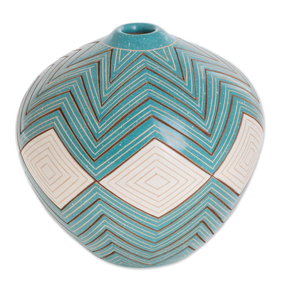Ceramic decorative vase, 'Turquoise Texture' - Ceramic Decorative Vase in Turquoise from Nicaragua