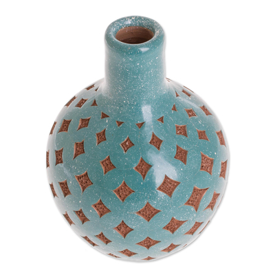 Ceramic decorative vase, 'Design of Yesteryear' - Handcrafted Ceramic Decorative Vase in Turquoise