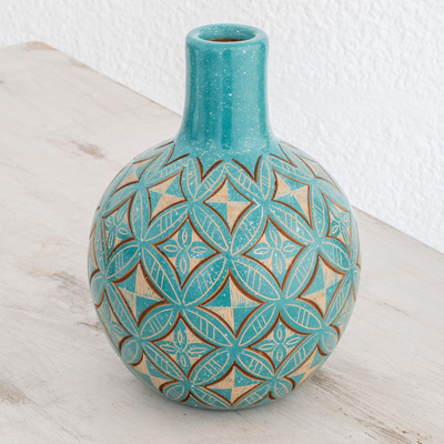 Ceramic decorative vase, 'Turquoise Intricacy' - Artisan Crafted Ceramic Decorative Vase from Nicaragua