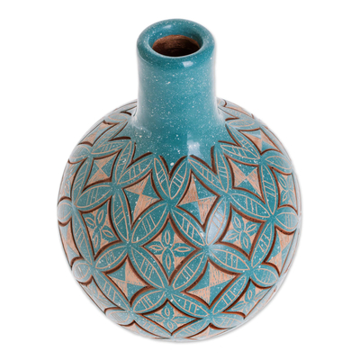 Keramische dekorative Vase, 'Türkise Intricacy' (Türkisblau) - Kunsthandwerklich hergestellte dekorative Keramikvase aus Nicaragua