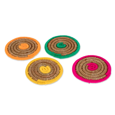 Pine needle coasters, 'Coiled Colors' (set of 4) - Multicolored Pine Needle Coasters from Nicaragua (Set of 4)