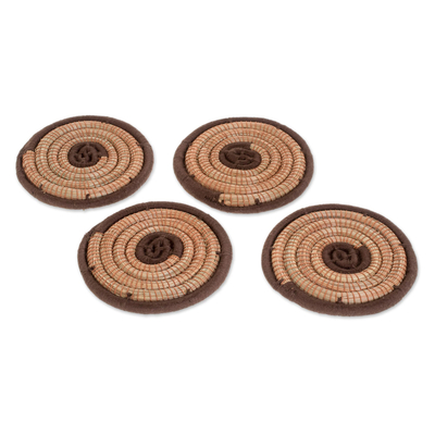 Pine needle coasters, 'Espresso Coils' (set of 4) - Pine Needle Coasters in Espresso from Nicaragua (Set of 4)