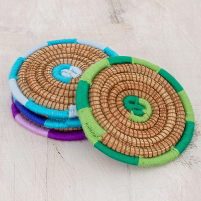 Pine needle coasters, 'Colorful Tropics' (set of 4) - Colorful Pine Needle Coasters from Nicaragua (Set of 4)