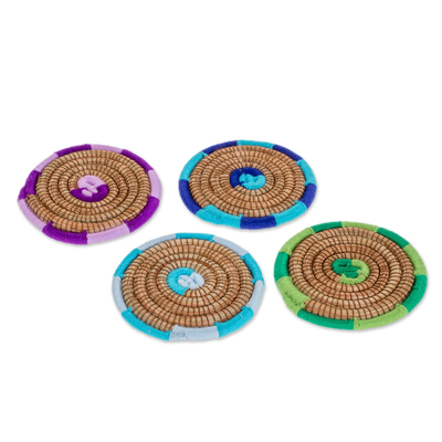 Pine needle coasters, 'Colorful Tropics' (set of 4) - Colorful Pine Needle Coasters from Nicaragua (Set of 4)