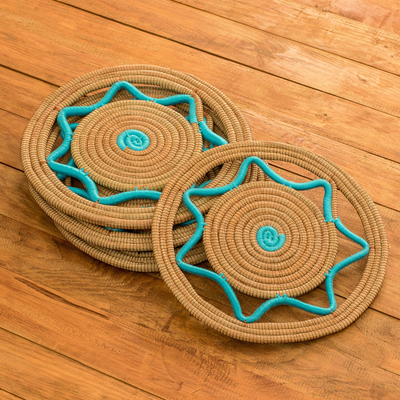 Pine needle placemats, 'Traditional Meal in Turquoise' (set of 4) - Handcrafted Pine Needle Placemats in Turquoise (Set of 4)