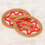 Pine needle placemats, 'Familiar Union in Poppy' (pair) - Pine Needle Placemats in Poppy from Nicaragua (Pair)