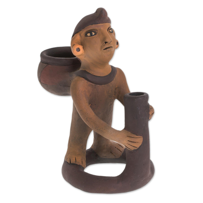 Ceramic sculpture, 'Man with Jar' - Handcrafted Pre-Hispanic Ceramic Sculpture from Nicaragua