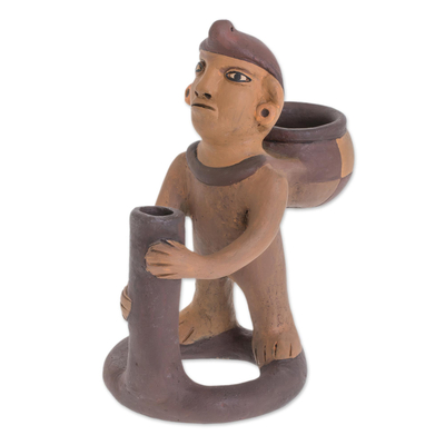 Ceramic sculpture, 'Man with Jar' - Handcrafted Pre-Hispanic Ceramic Sculpture from Nicaragua